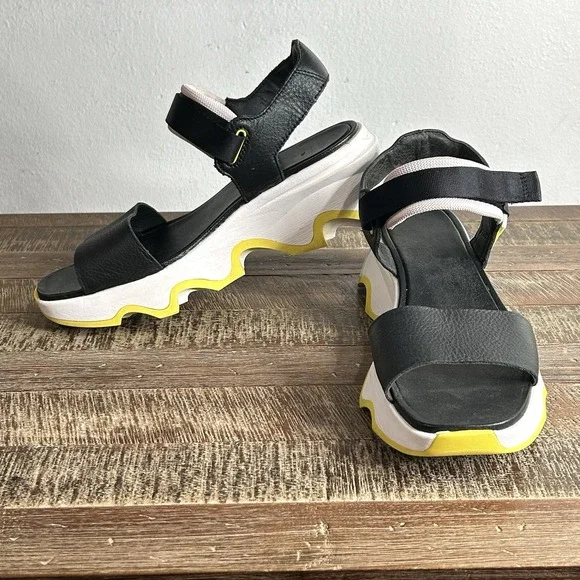 Sorel Kinetic Impact Y Strap High Sandals 9.5 Leather Chunky Platform Black - Picture 5 of 9